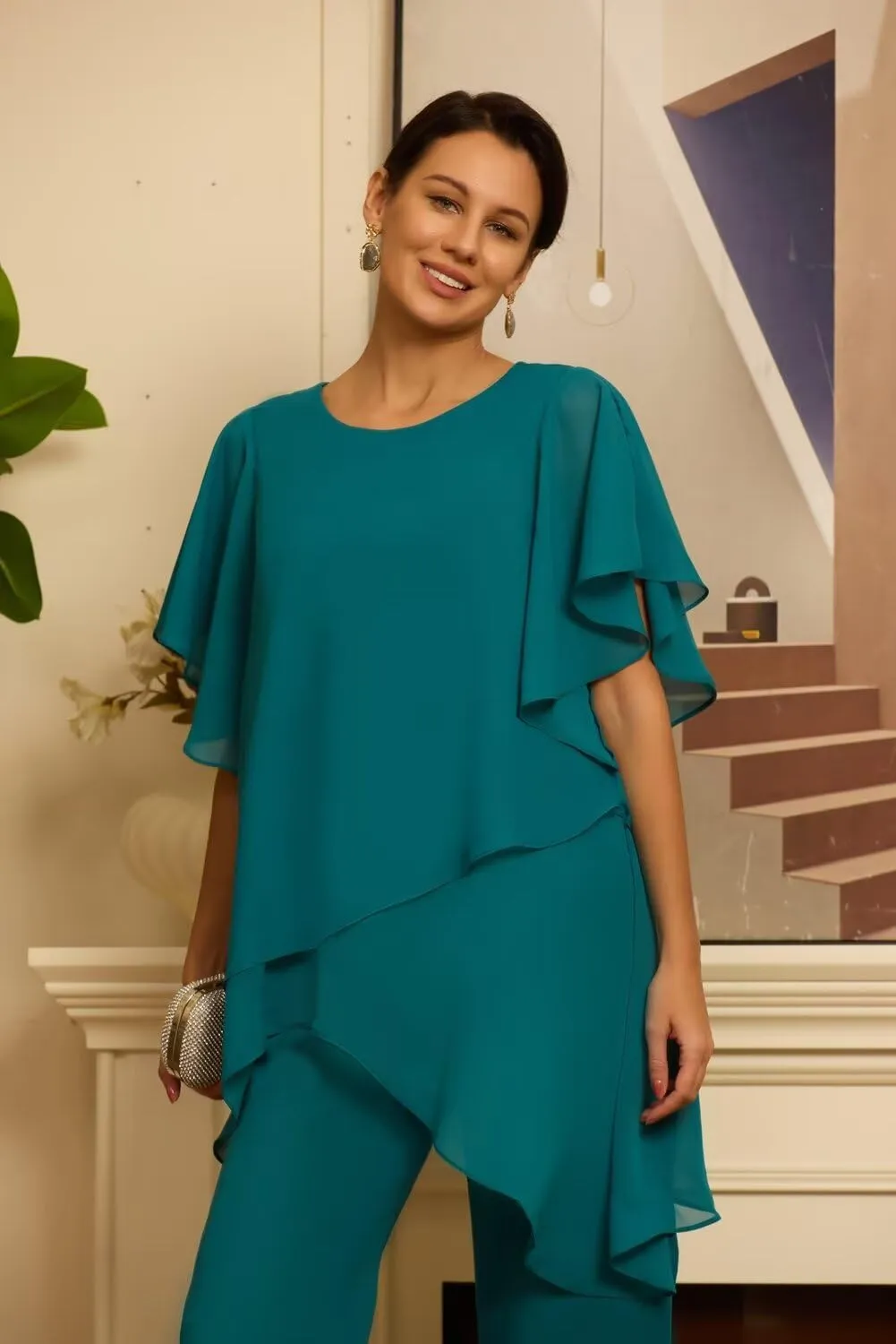 2 Pieces Mother of The Bride Pantsuits Chiffon Short Sleeve Mother of The Groom Pant Suits