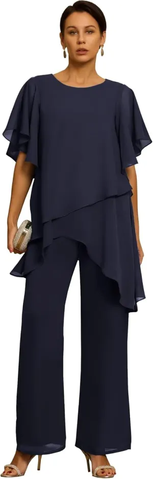 2 Pieces Mother of The Bride Pantsuits Chiffon Short Sleeve Mother of The Groom Pant Suits