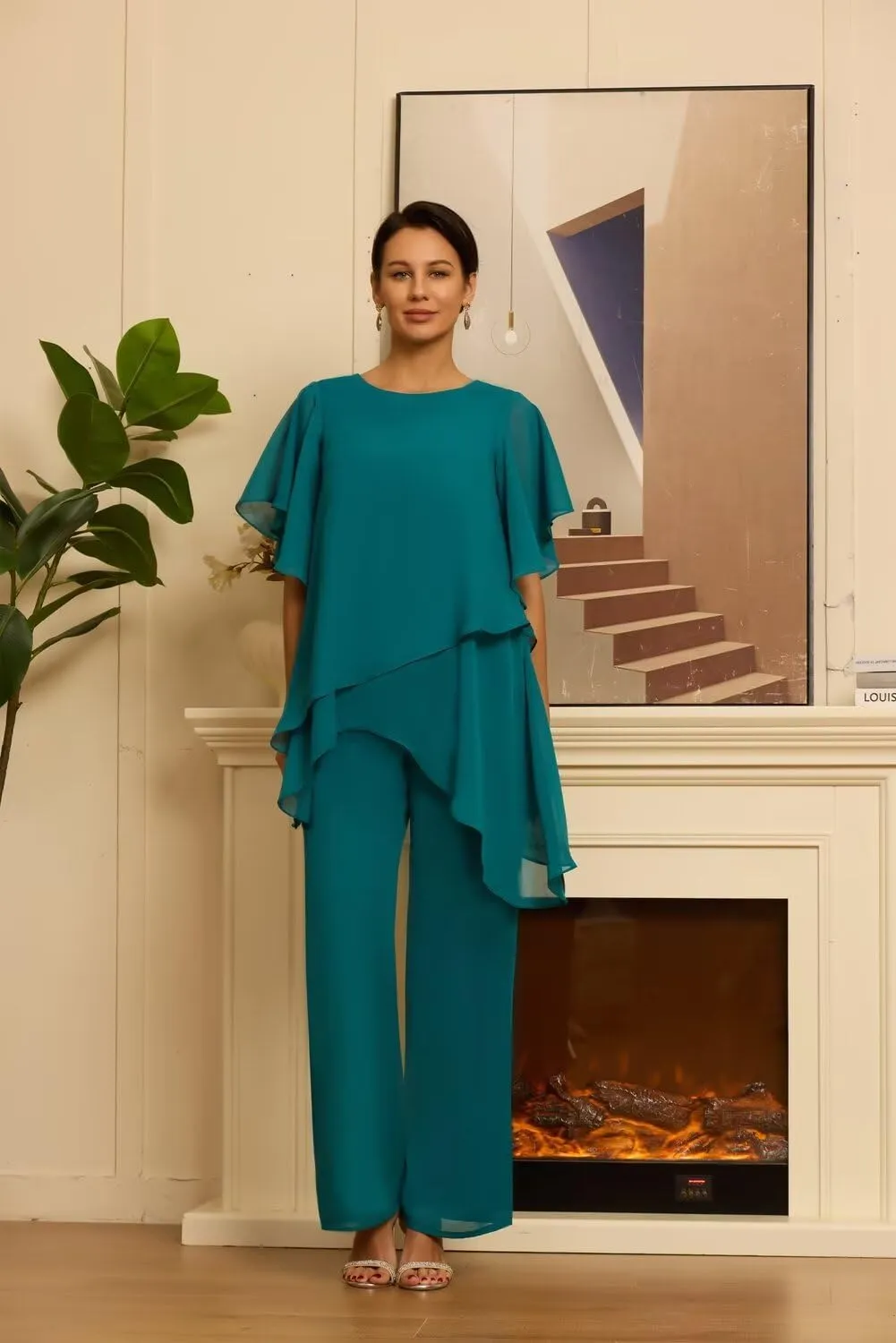 2 Pieces Mother of The Bride Pantsuits Chiffon Short Sleeve Mother of The Groom Pant Suits