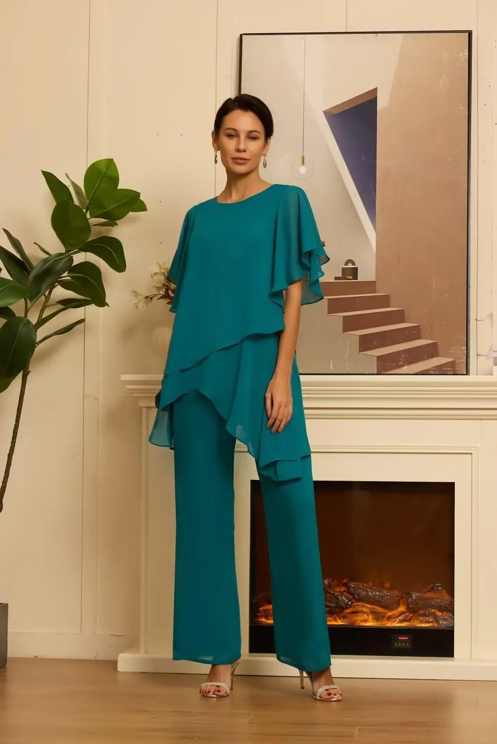 2 Pieces Mother of The Bride Pantsuits Chiffon Short Sleeve Mother of The Groom Pant Suits