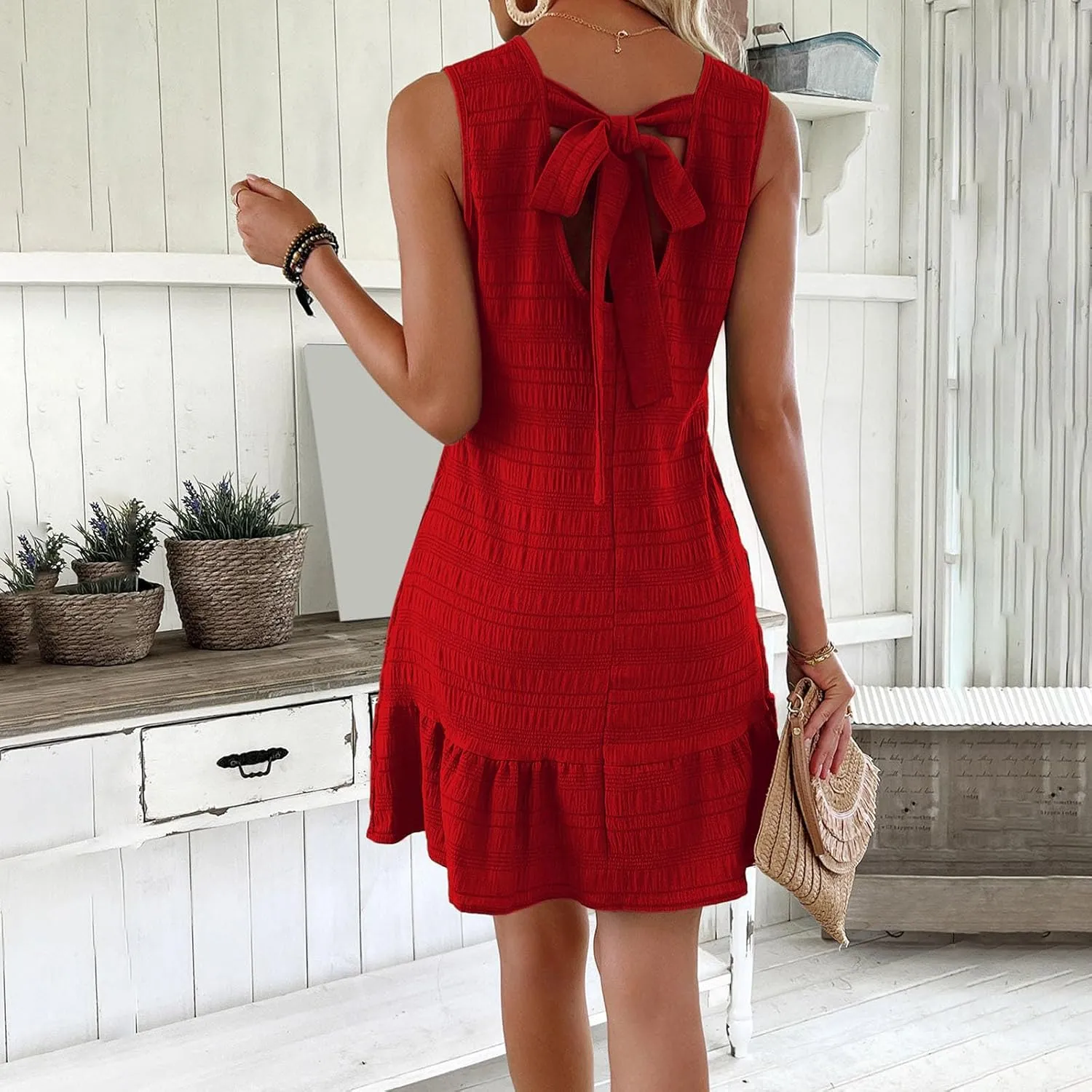 2025 Womens Summer Smocked V Neck Dresses Casual Ruffle Short Sleeve Dress Loose A-Line Swing Mini Dress Sundress
