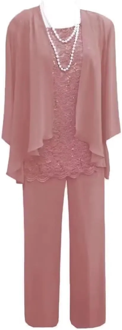 3 Pieces Mother of The Bride Dress Pant Suits with Jacket for Wedding Long Sleeve Lace Formal Outfits for Women PG028