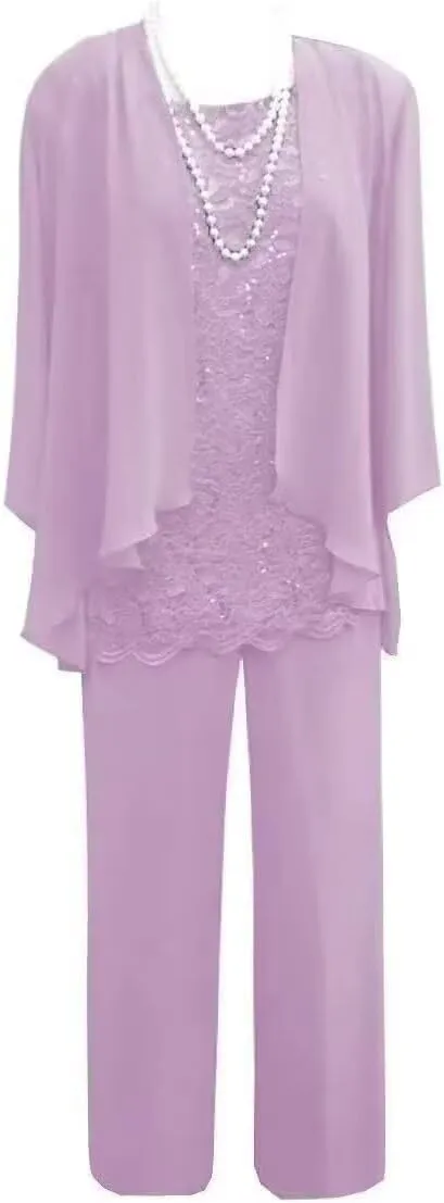 3 Pieces Mother of The Bride Dress Pant Suits with Jacket for Wedding Long Sleeve Lace Formal Outfits for Women PG028