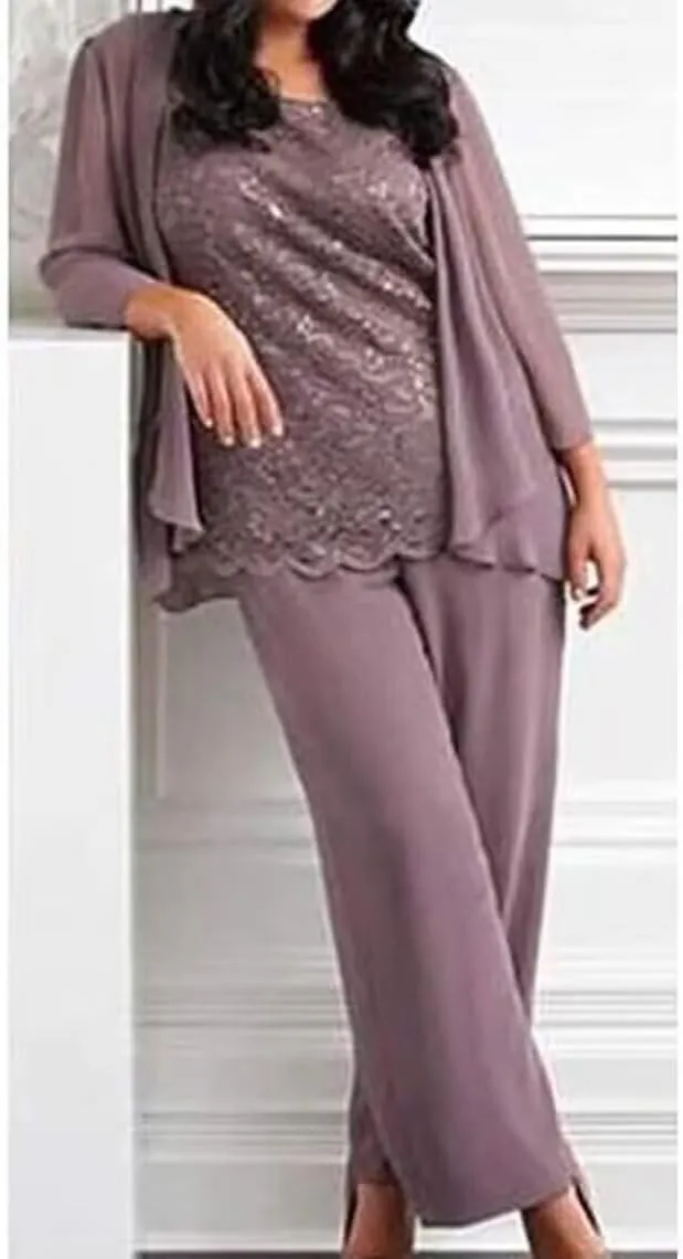 3 Pieces Mother of The Bride Dress Pant Suits with Jacket for Wedding Long Sleeve Lace Formal Outfits for Women PG028