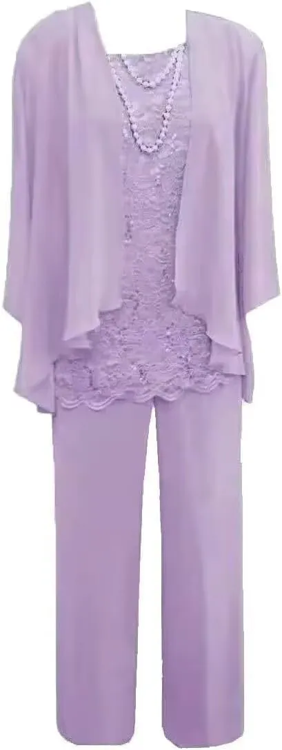 3 Pieces Mother of The Bride Dress Pant Suits with Jacket for Wedding Long Sleeve Lace Formal Outfits for Women PG028