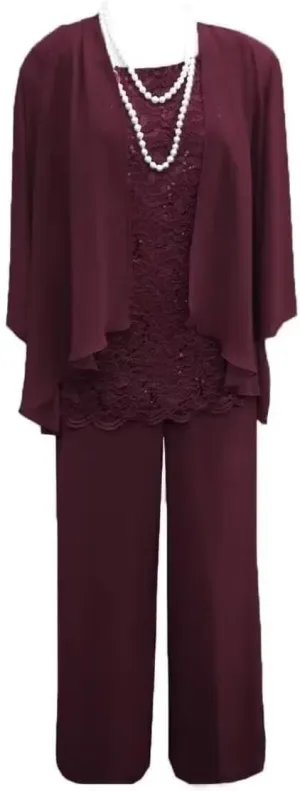 3 Pieces Mother of The Bride Dress Pant Suits with Jacket for Wedding Long Sleeve Lace Formal Outfits for Women PG028