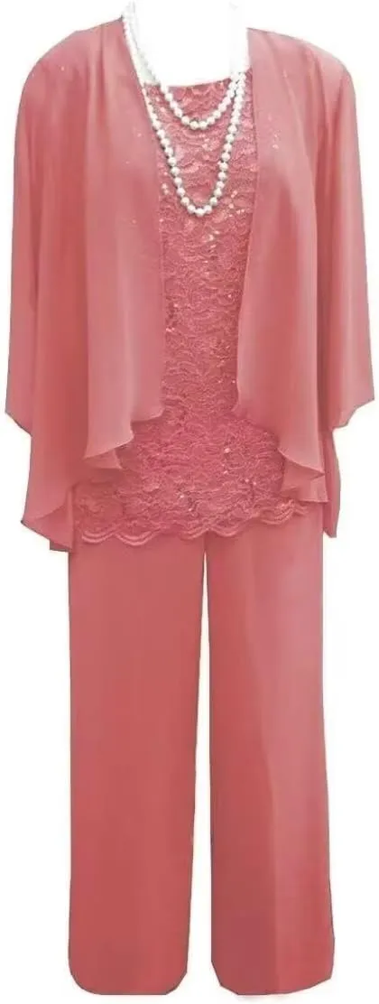 3 Pieces Mother of The Bride Dress Pant Suits with Jacket for Wedding Long Sleeve Lace Formal Outfits for Women PG028