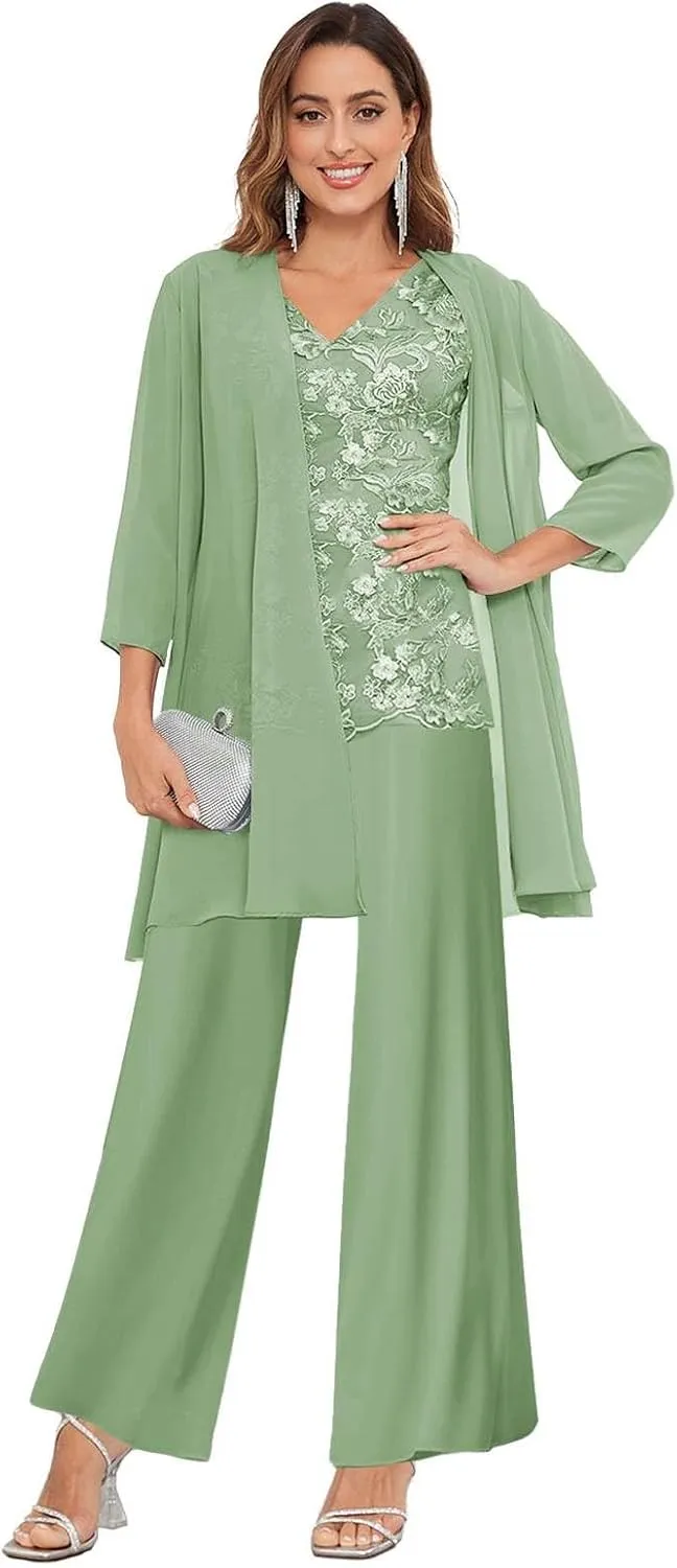 3 Pieces Mother of The Bride Pant Suits for Wedding Lace Chiffon Formal Evening Gowns with Jacket