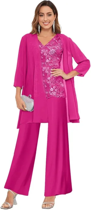 3 Pieces Mother of The Bride Pant Suits for Wedding Lace Chiffon Formal Evening Gowns with Jacket