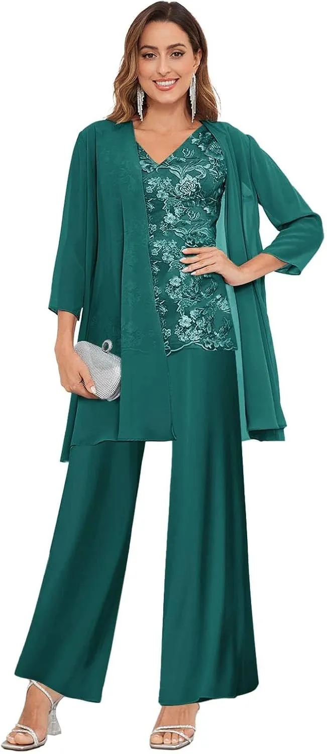 3 Pieces Mother of The Bride Pant Suits for Wedding Lace Chiffon Formal Evening Gowns with Jacket