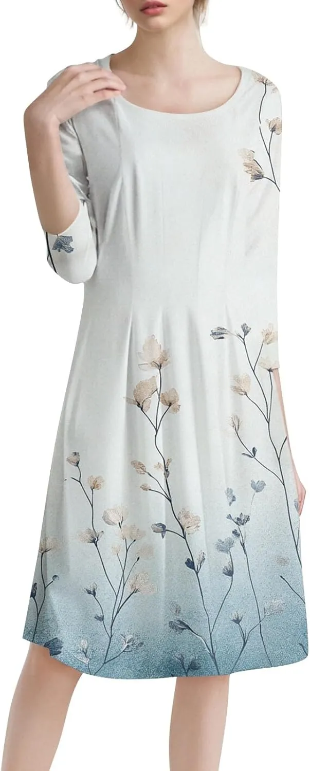 3/4 Sleeve Ladies Fashion Summer Dress Floral Print Round Neck Casual Beach Sundress Midi Dresses with Pockets