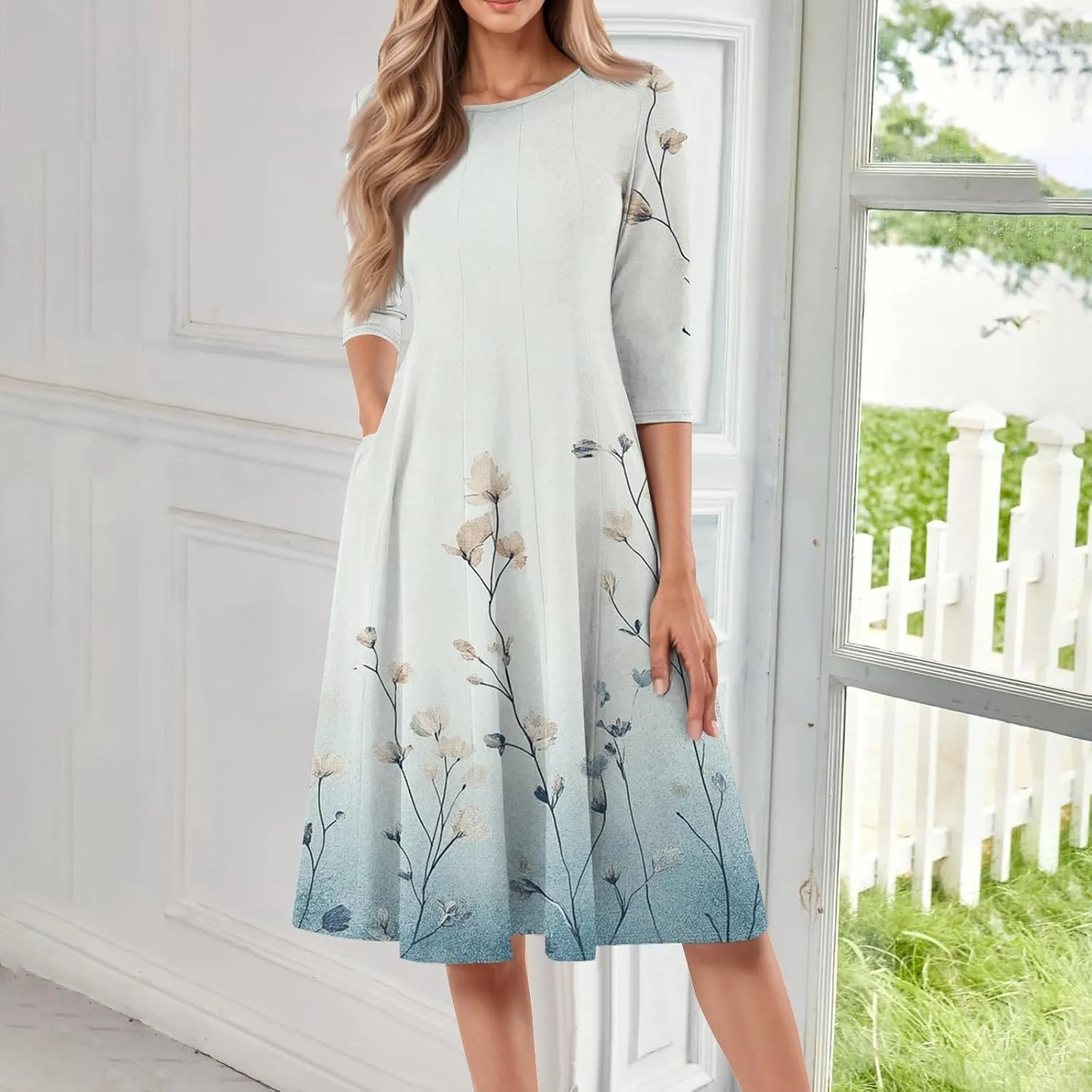 3/4 Sleeve Ladies Fashion Summer Dress Floral Print Round Neck Casual Beach Sundress Midi Dresses with Pockets