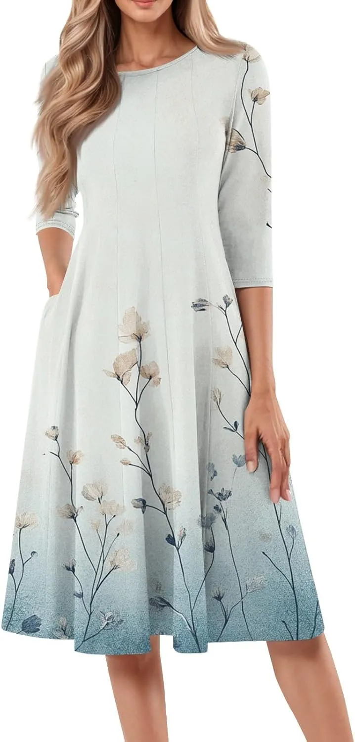 3/4 Sleeve Ladies Fashion Summer Dress Floral Print Round Neck Casual Beach Sundress Midi Dresses with Pockets