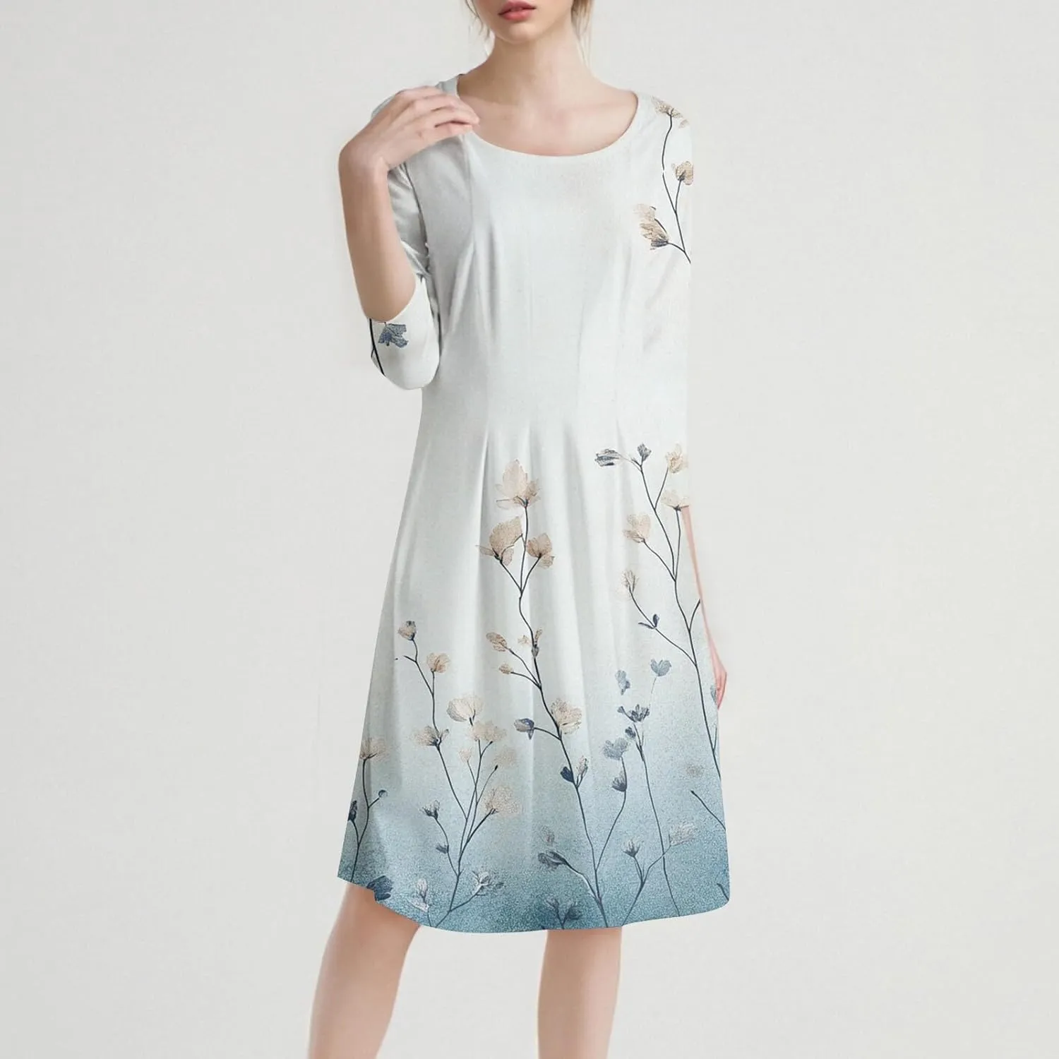 3/4 Sleeve Ladies Fashion Summer Dress Floral Print Round Neck Casual Beach Sundress Midi Dresses with Pockets