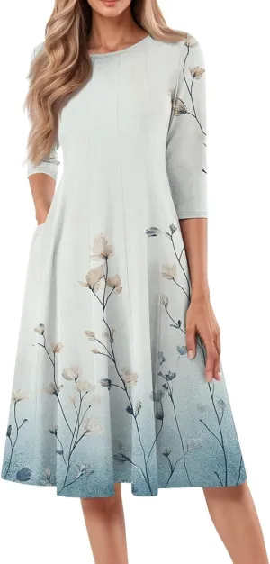 3/4 Sleeve Ladies Fashion Summer Dress Floral Print Round Neck Casual Beach Sundress Midi Dresses with Pockets