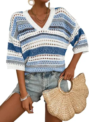 Acelitt Womens Short Sleeve Crochet Knit Sweater Hollow Out Striped Tops Beach Vacation Cruise Outfits