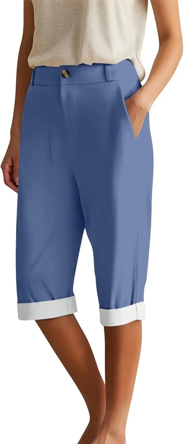 ADHOWBEW Women Capri Pants with Pockets Summer Wide Leg Dressy Lounge High Waist Drawstring Cotton Trendy Comfy Slacks