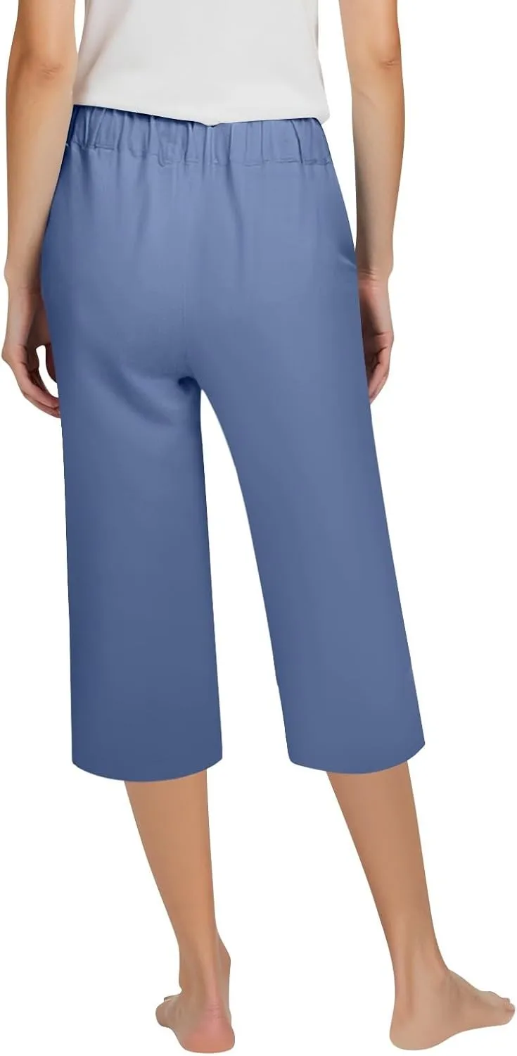 ADHOWBEW Women Capri Pants with Pockets Summer Wide Leg Dressy Lounge High Waist Drawstring Cotton Trendy Comfy Slacks