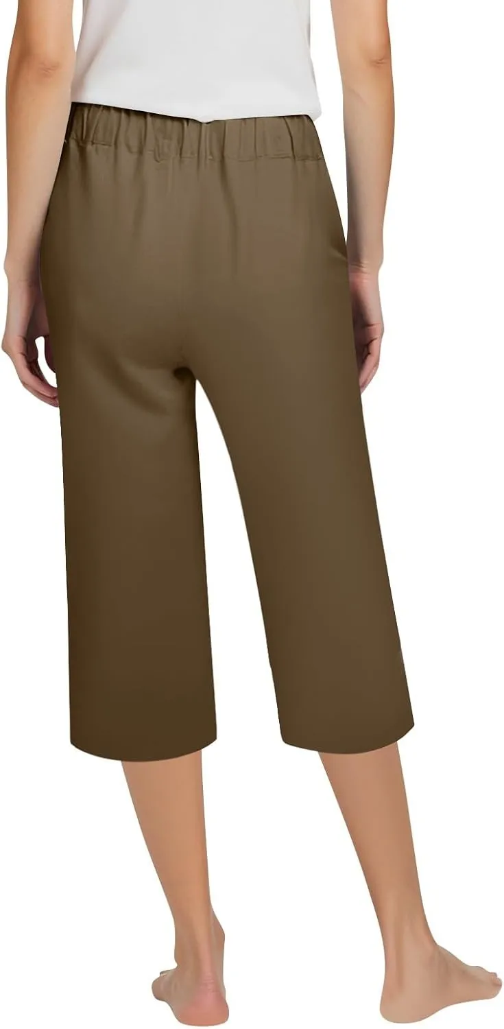 ADHOWBEW Women Capri Pants with Pockets Summer Wide Leg Dressy Lounge High Waist Drawstring Cotton Trendy Comfy Slacks