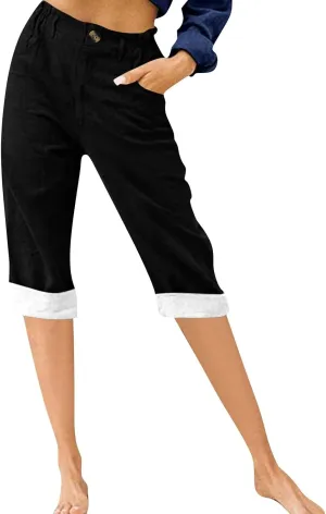 ADHOWBEW Women Capri Pants with Pockets Summer Wide Leg Dressy Lounge High Waist Drawstring Cotton Trendy Comfy Slacks
