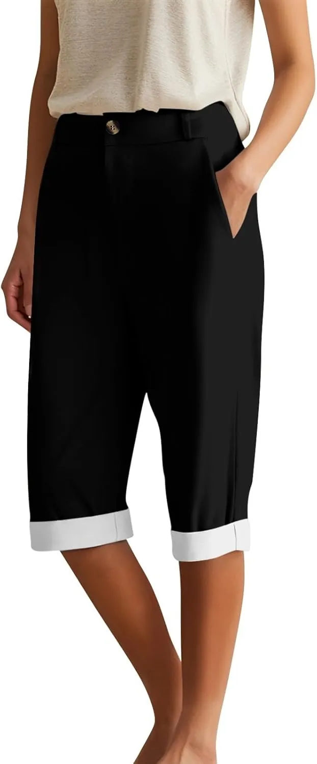 ADHOWBEW Women Capri Pants with Pockets Summer Wide Leg Dressy Lounge High Waist Drawstring Cotton Trendy Comfy Slacks