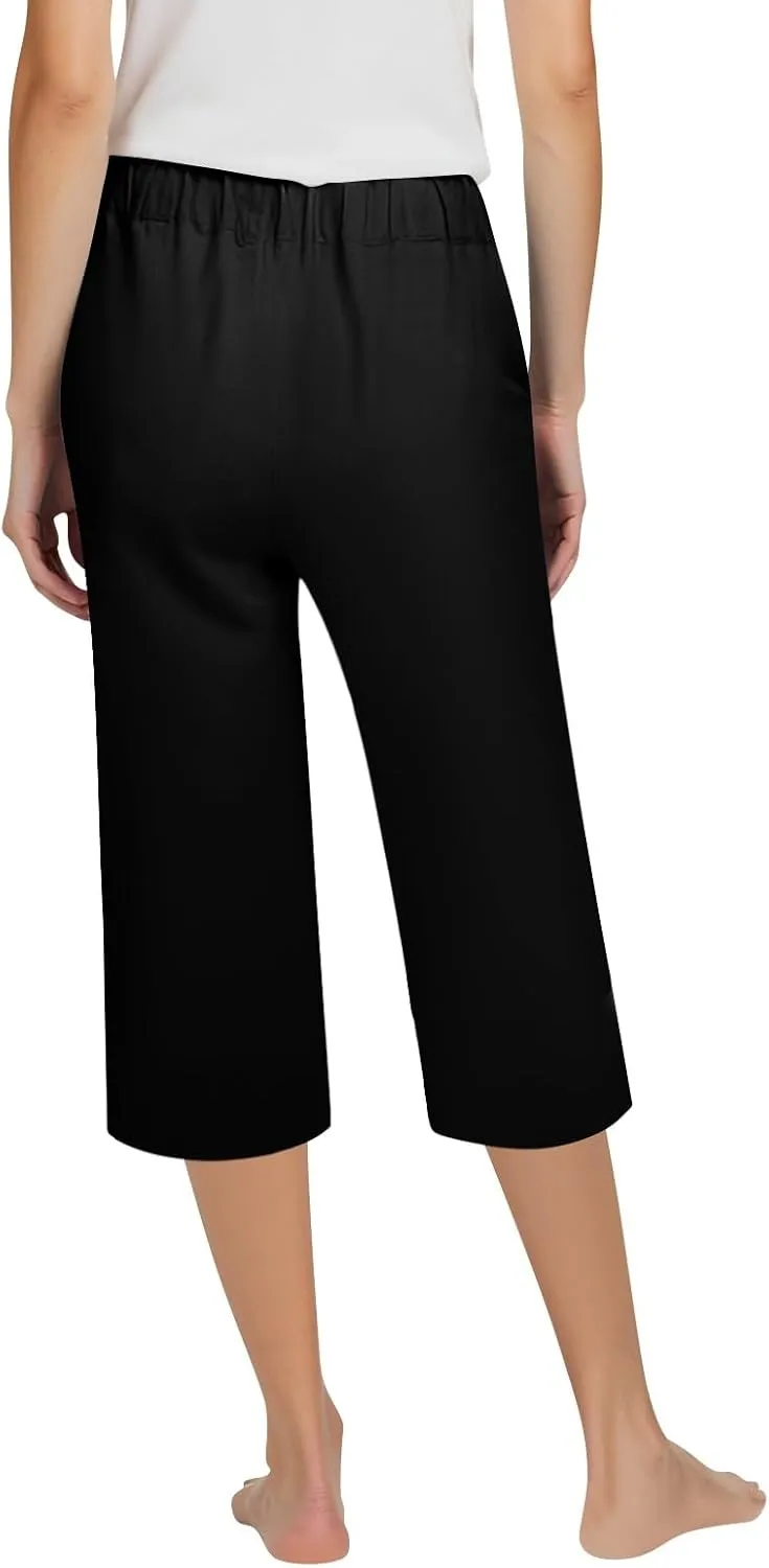ADHOWBEW Women Capri Pants with Pockets Summer Wide Leg Dressy Lounge High Waist Drawstring Cotton Trendy Comfy Slacks