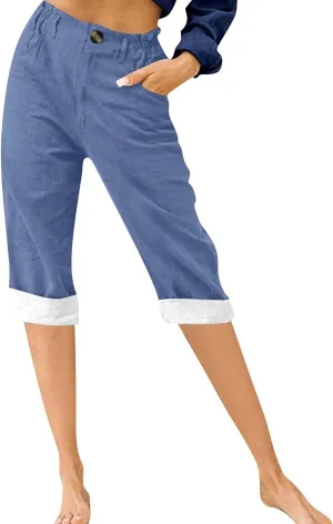 ADHOWBEW Women Capri Pants with Pockets Summer Wide Leg Dressy Lounge High Waist Drawstring Cotton Trendy Comfy Slacks