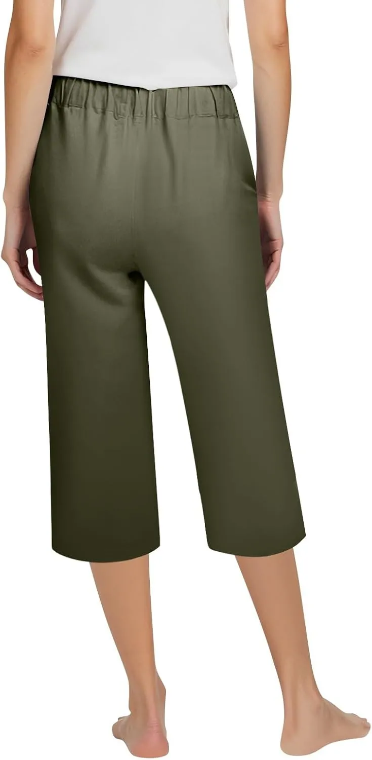 ADHOWBEW Women Capri Pants with Pockets Summer Wide Leg Dressy Lounge High Waist Drawstring Cotton Trendy Comfy Slacks