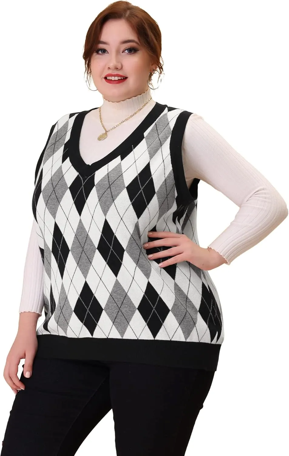 Agnes Orinda Plus Size Sweater Vest for Women Plaid Cable Knit Sleeveless Pullover Crop Top Sweater Vests