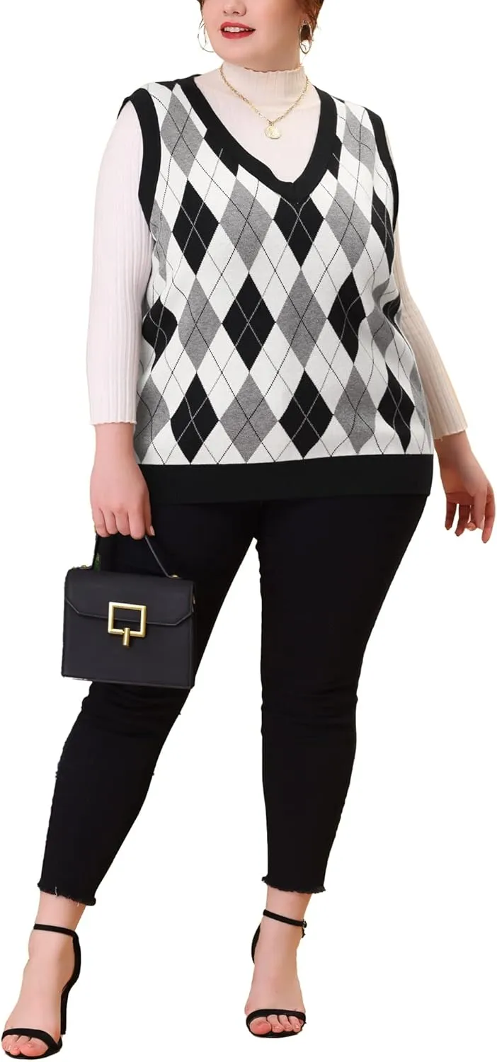 Agnes Orinda Plus Size Sweater Vest for Women Plaid Cable Knit Sleeveless Pullover Crop Top Sweater Vests
