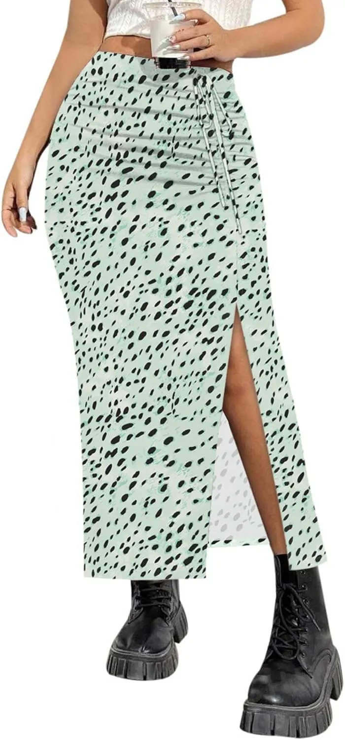 AIMCOO Womens Leopard Print Midi Skirt with Slit Stretchy Ruched Long Skirts Summer Casual Elastic High Waist Floral Skirts