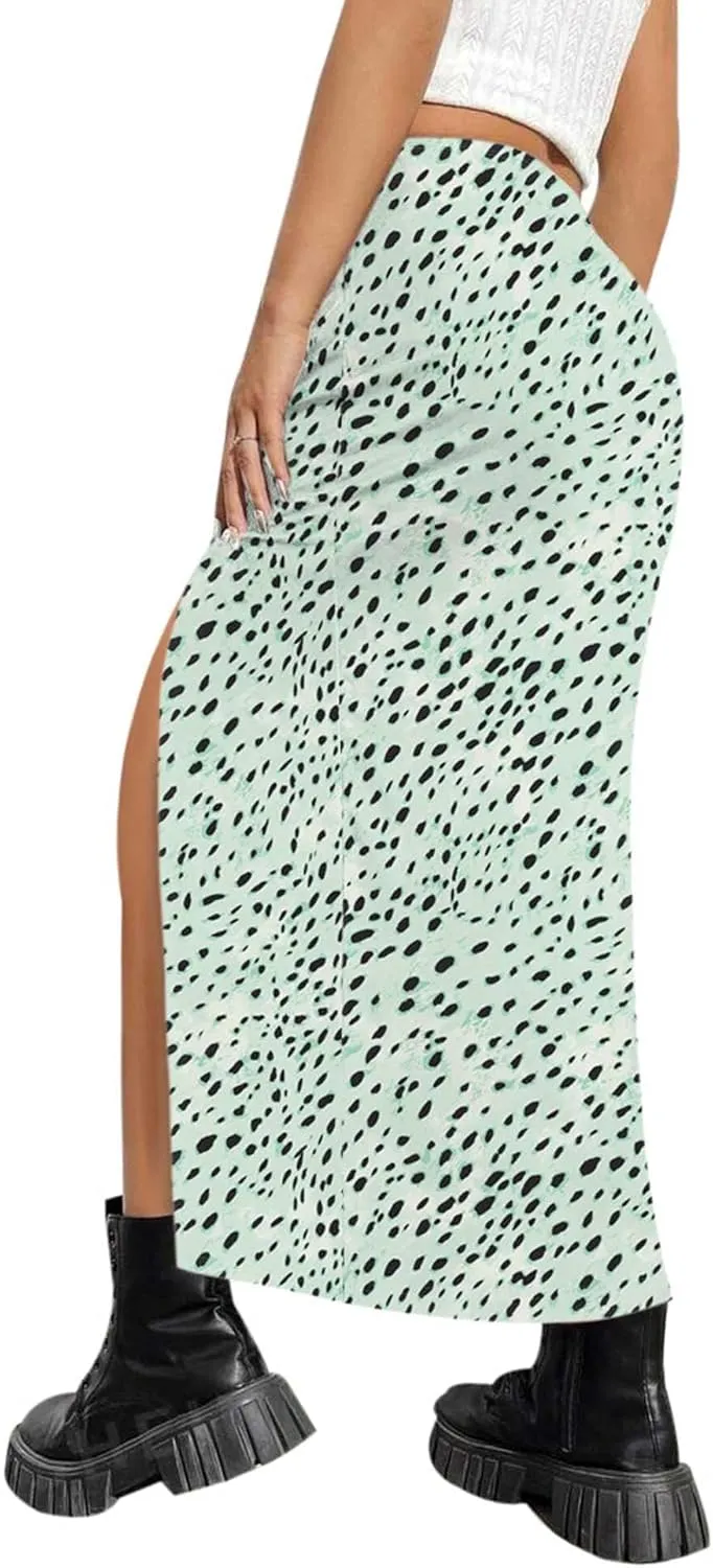 AIMCOO Womens Leopard Print Midi Skirt with Slit Stretchy Ruched Long Skirts Summer Casual Elastic High Waist Floral Skirts