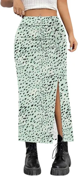 AIMCOO Womens Leopard Print Midi Skirt with Slit Stretchy Ruched Long Skirts Summer Casual Elastic High Waist Floral Skirts