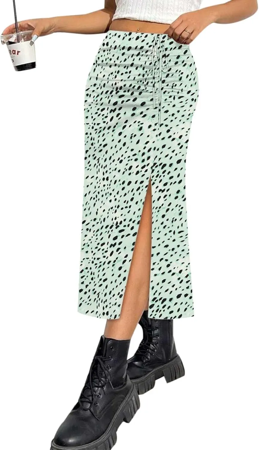 AIMCOO Womens Leopard Print Midi Skirt with Slit Stretchy Ruched Long Skirts Summer Casual Elastic High Waist Floral Skirts