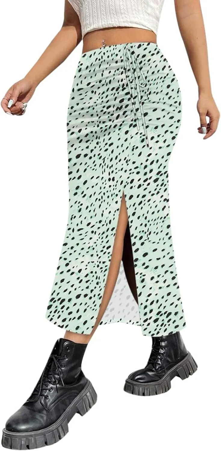 AIMCOO Womens Leopard Print Midi Skirt with Slit Stretchy Ruched Long Skirts Summer Casual Elastic High Waist Floral Skirts