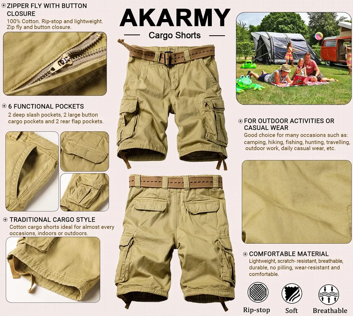 AKARMY Men's Cotton Casual Multi Pocket Outdoor Camouflage Shorts Twill Camo Cargo Shorts(No Belt)