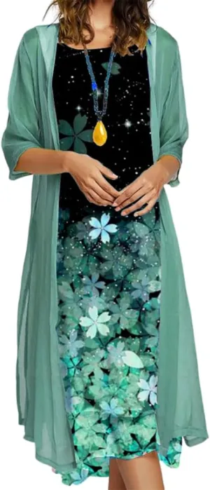 Akivide Womens Two-Piece Set Floral Print Midi Dress with Cardigan Chiffon Sleeveless Plus Size Wedding Guest Dresses