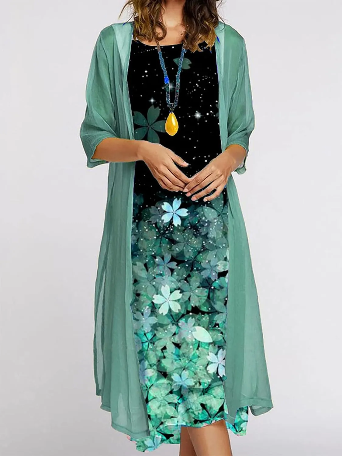 Akivide Womens Two-Piece Set Floral Print Midi Dress with Cardigan Chiffon Sleeveless Plus Size Wedding Guest Dresses