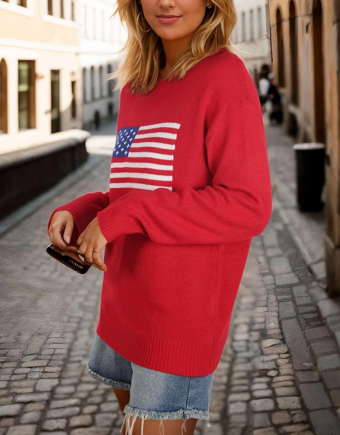 Alsol Lamesa Womens American Flag Graphic Sweater Patriotic Long Sleeve Pullover Sweaters Crew Neck Knit Tops