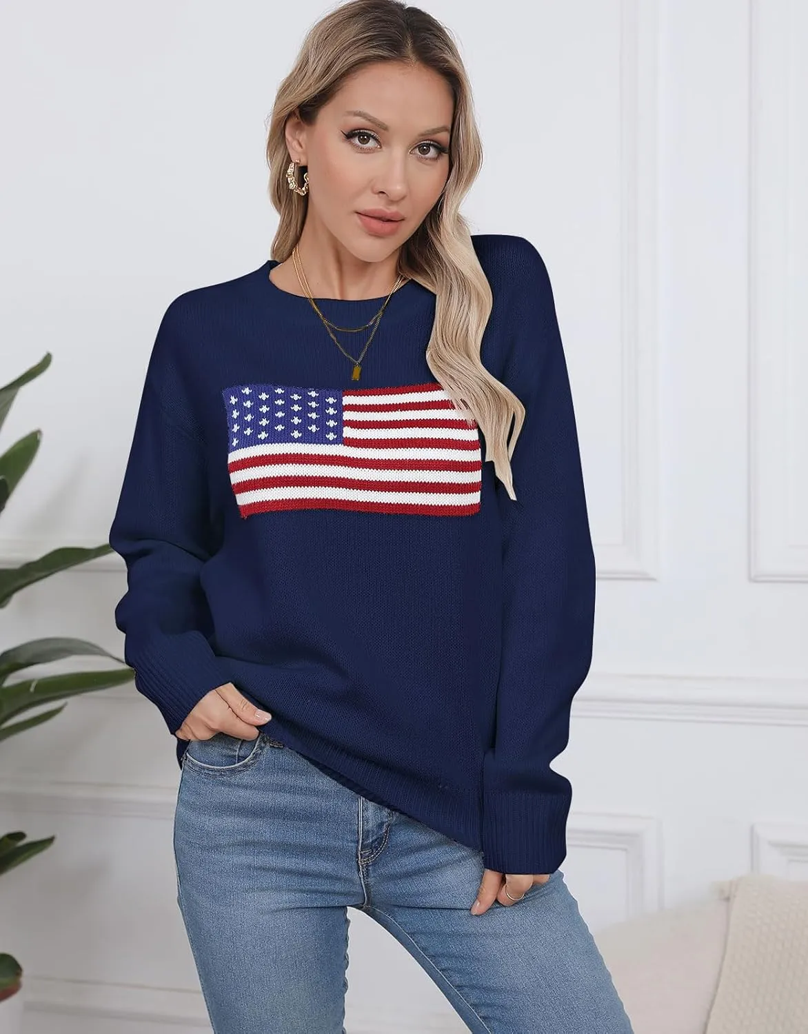 Alsol Lamesa Womens American Flag Graphic Sweater Patriotic Long Sleeve Pullover Sweaters Crew Neck Knit Tops