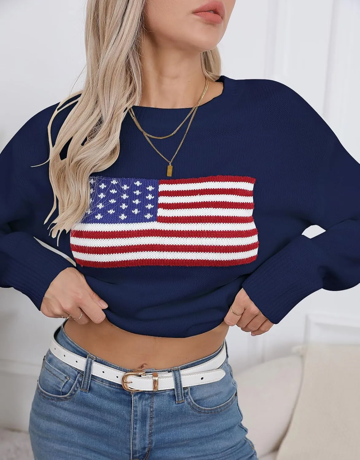 Alsol Lamesa Womens American Flag Graphic Sweater Patriotic Long Sleeve Pullover Sweaters Crew Neck Knit Tops