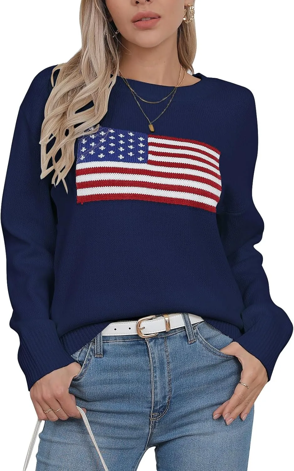 Alsol Lamesa Womens American Flag Graphic Sweater Patriotic Long Sleeve Pullover Sweaters Crew Neck Knit Tops