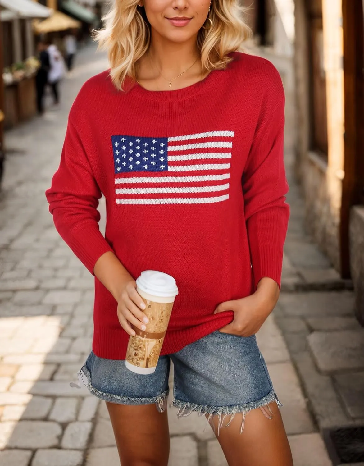 Alsol Lamesa Womens American Flag Graphic Sweater Patriotic Long Sleeve Pullover Sweaters Crew Neck Knit Tops