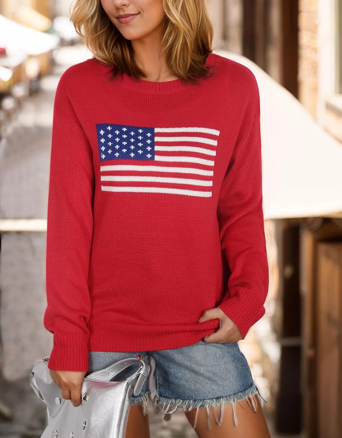 Alsol Lamesa Womens American Flag Graphic Sweater Patriotic Long Sleeve Pullover Sweaters Crew Neck Knit Tops