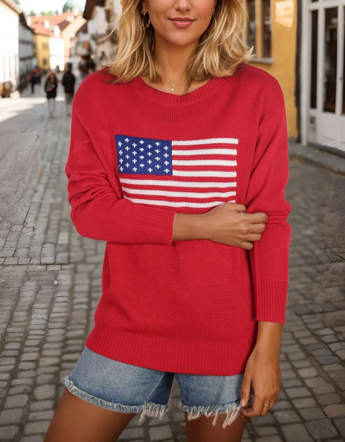 Alsol Lamesa Womens American Flag Graphic Sweater Patriotic Long Sleeve Pullover Sweaters Crew Neck Knit Tops