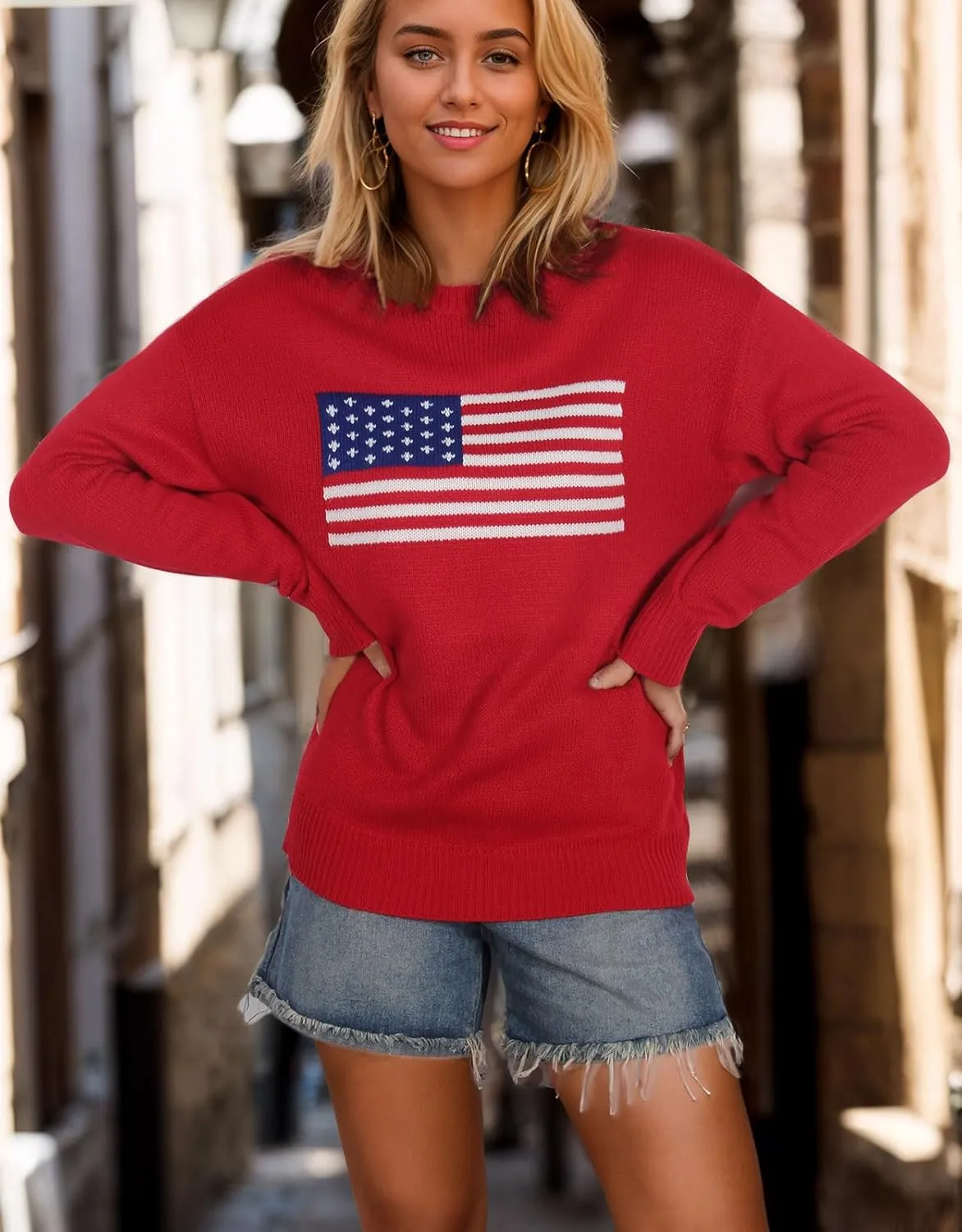 Alsol Lamesa Womens American Flag Graphic Sweater Patriotic Long Sleeve Pullover Sweaters Crew Neck Knit Tops