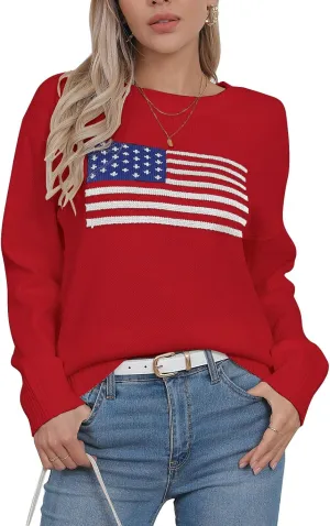 Alsol Lamesa Womens American Flag Graphic Sweater Patriotic Long Sleeve Pullover Sweaters Crew Neck Knit Tops