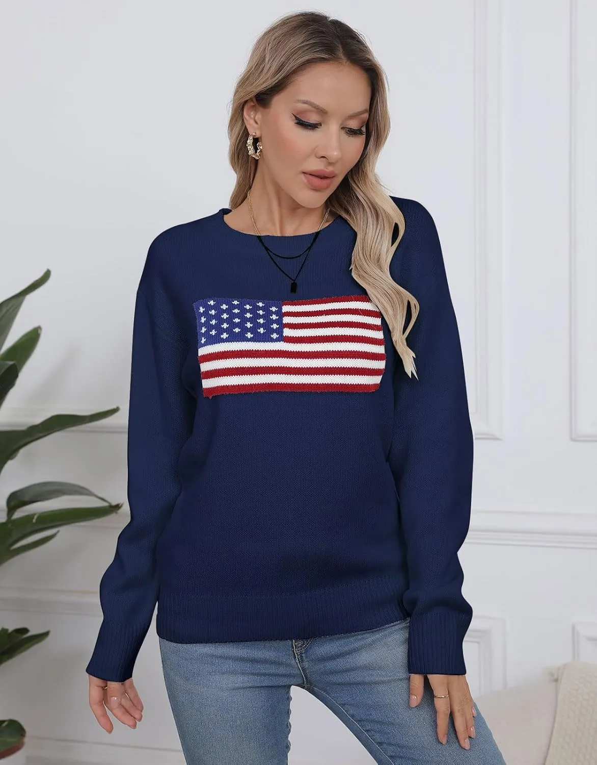 Alsol Lamesa Womens American Flag Graphic Sweater Patriotic Long Sleeve Pullover Sweaters Crew Neck Knit Tops