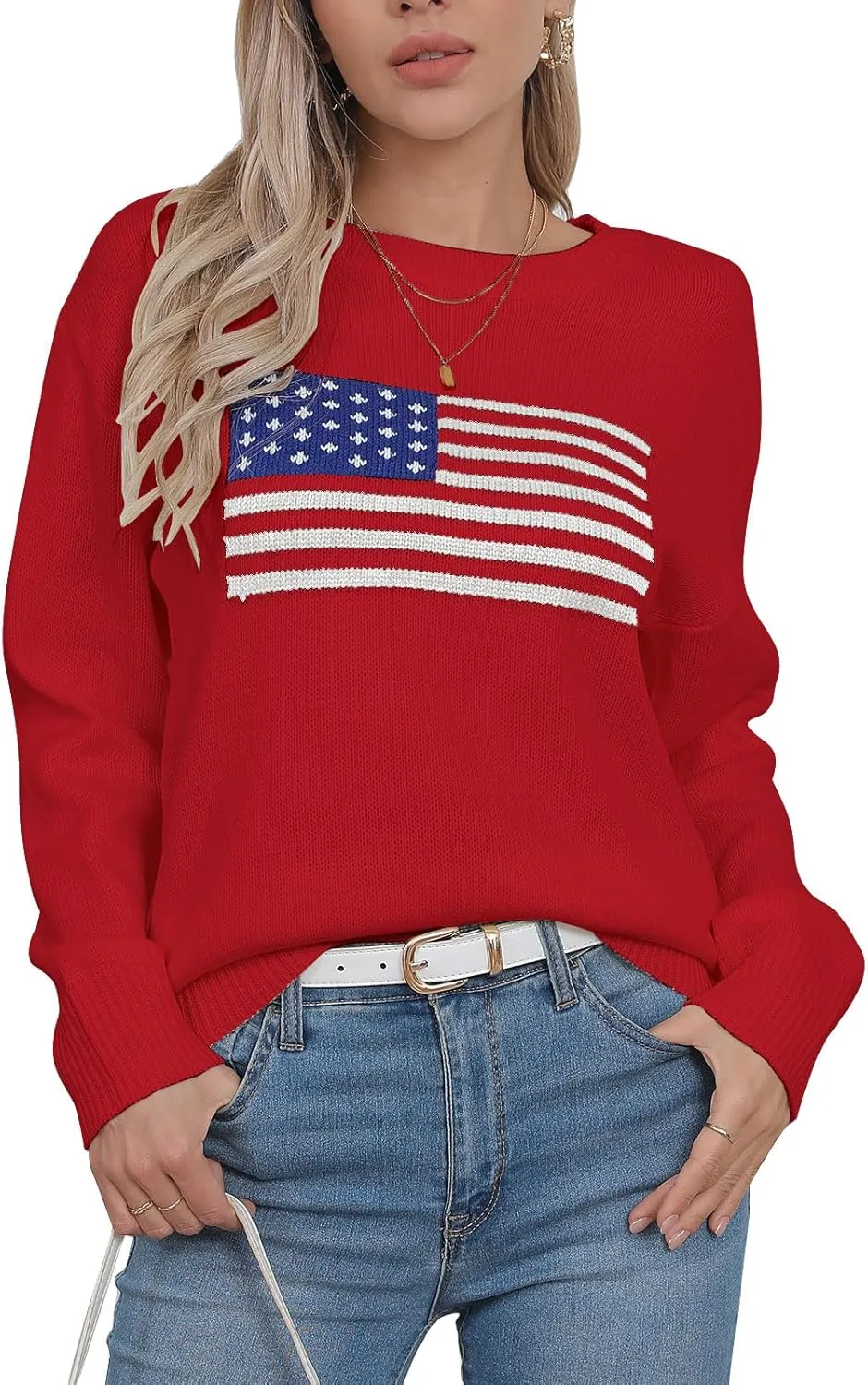 Alsol Lamesa Womens American Flag Graphic Sweater Patriotic Long Sleeve Pullover Sweaters Crew Neck Knit Tops