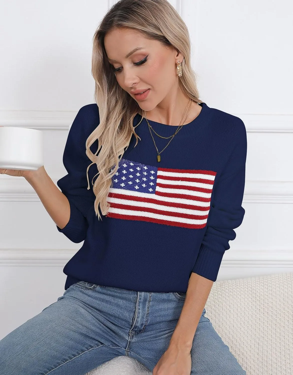 Alsol Lamesa Womens American Flag Graphic Sweater Patriotic Long Sleeve Pullover Sweaters Crew Neck Knit Tops